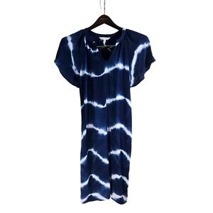 Garnet Hill Athena Crepe Dress Women's Size Small Blue White‎ Tie Dye V-Neck